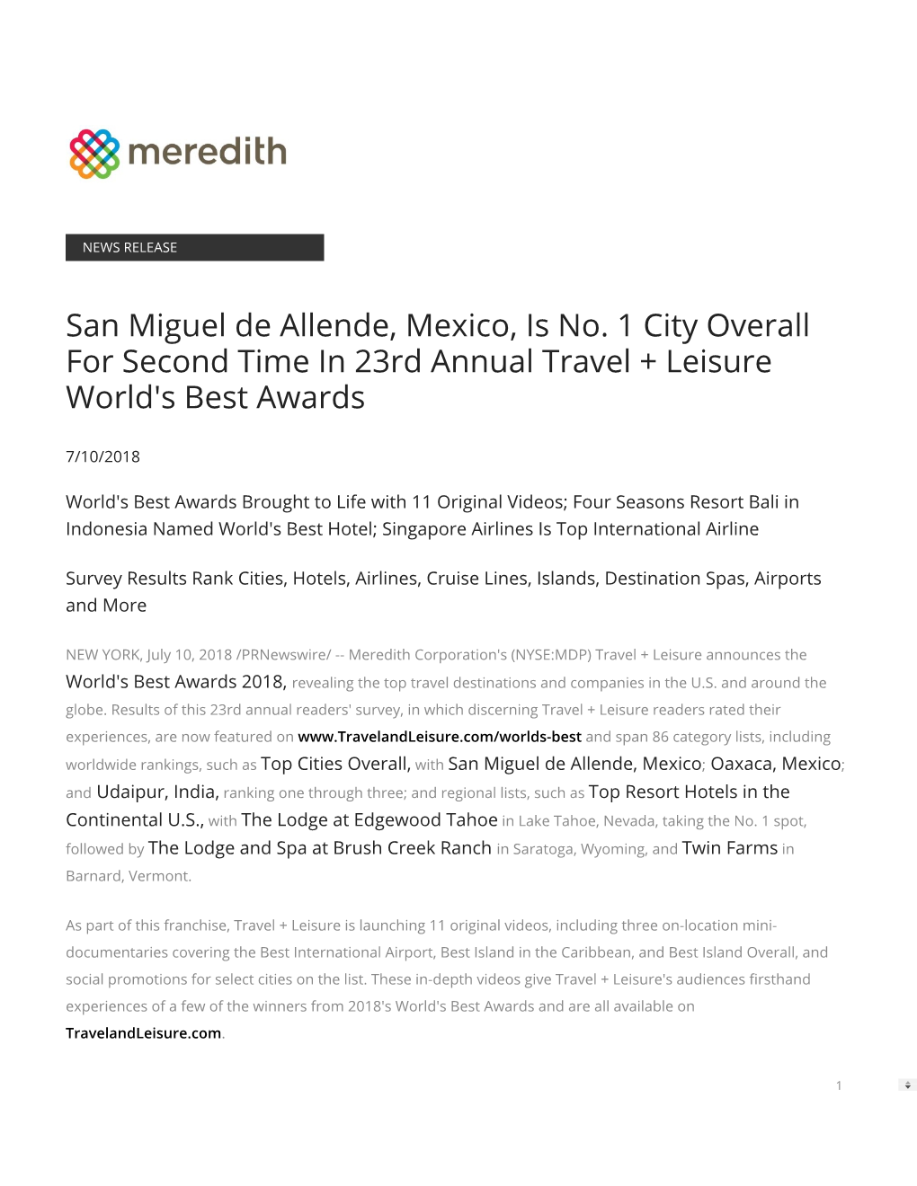 San Miguel De Allende, Mexico, Is No. 1 City Overall for Second Time in 23Rd Annual Travel + Leisure World's Best Awards
