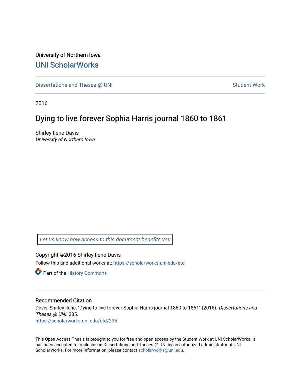 Dying to Live Forever Sophia Harris Journal 1860 to 1861