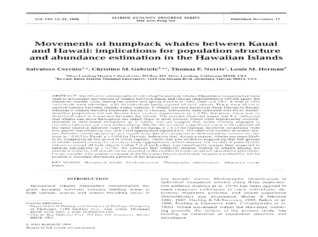 Movements of Humpback Whales Between Kauai and Hawaii: Implications for Population Structure and Abundance Estimation in the Hawaiian Islands