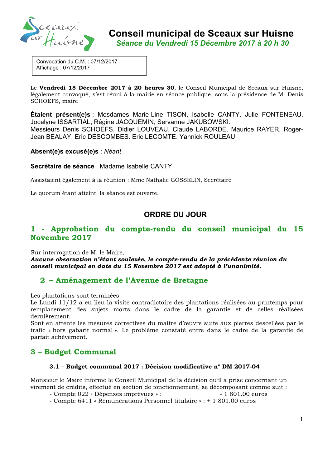 Conseil Municipal De Sceaux Sur Huisne Séance Du Vendredi 15 Décembre 2017 À 20 H 30