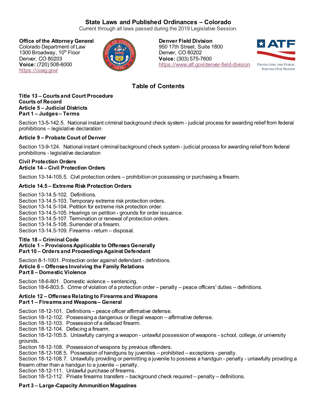 Colorado Current Through All Laws Passed During the 2019 Legislative Session