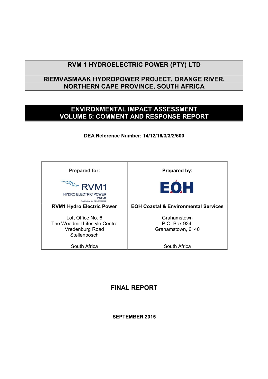 Rvm 1 Hydroelectric Power (Pty) Ltd Riemvasmaak Hydropower Project