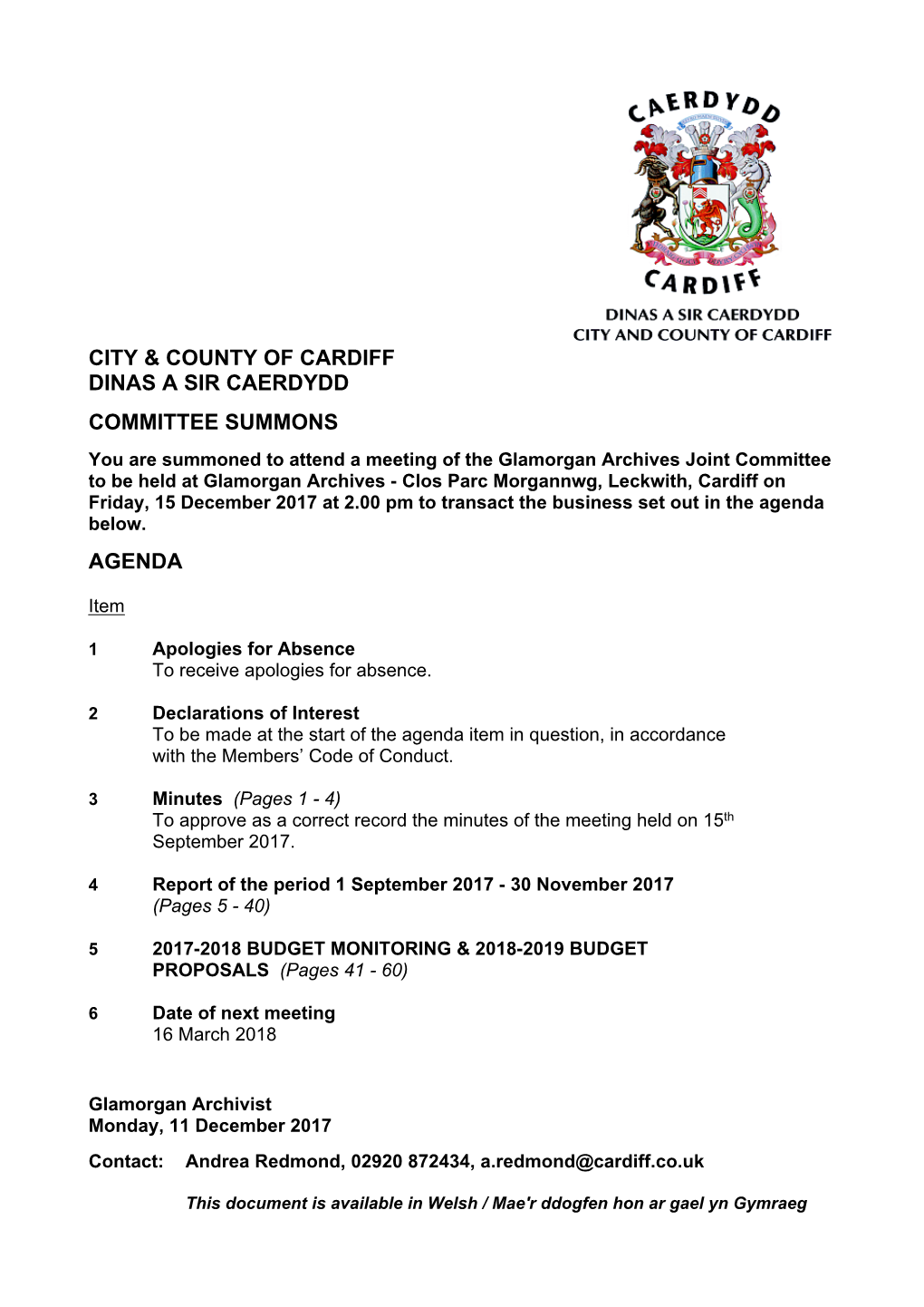 (Public Pack)Agenda Document for Glamorgan Archives Joint Committee, 15/12/2017 14:00