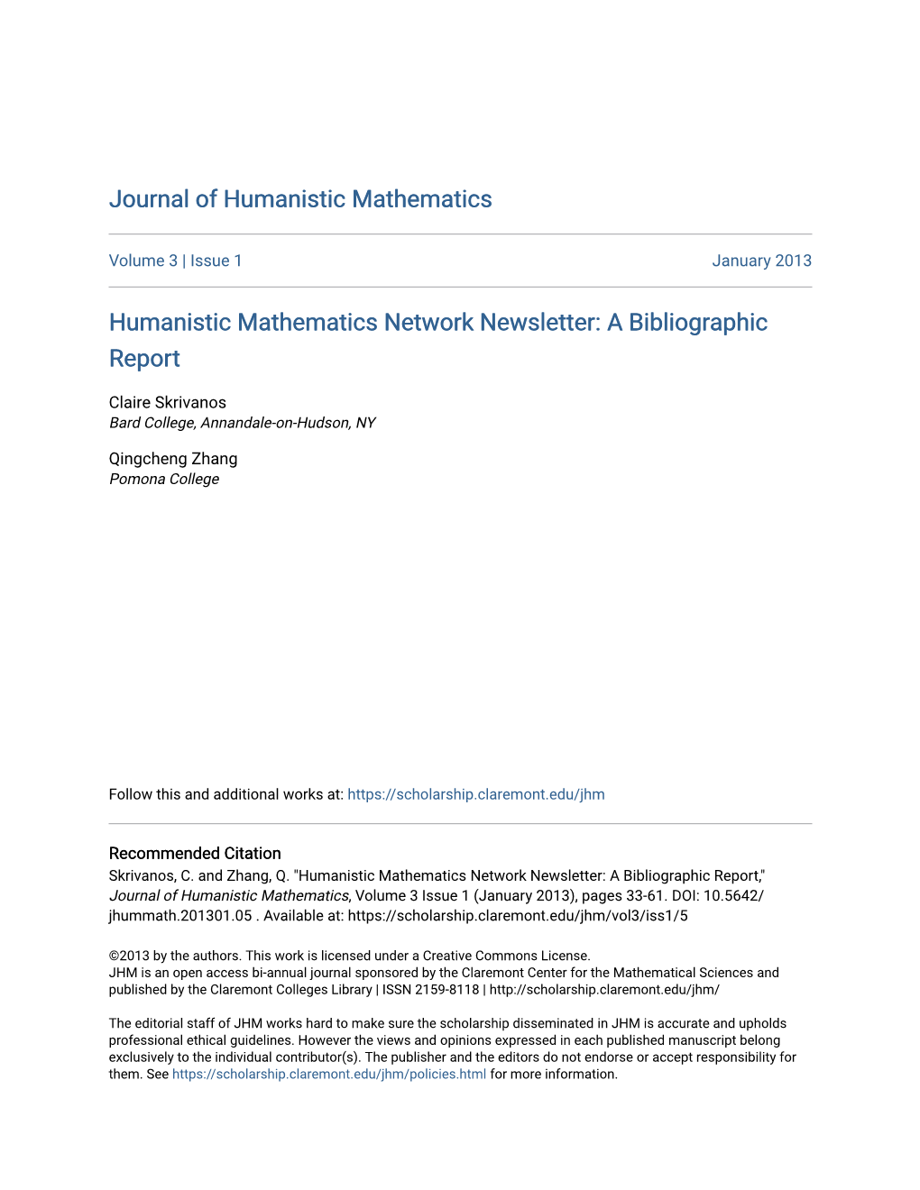 Humanistic Mathematics Network Newsletter: a Bibliographic Report