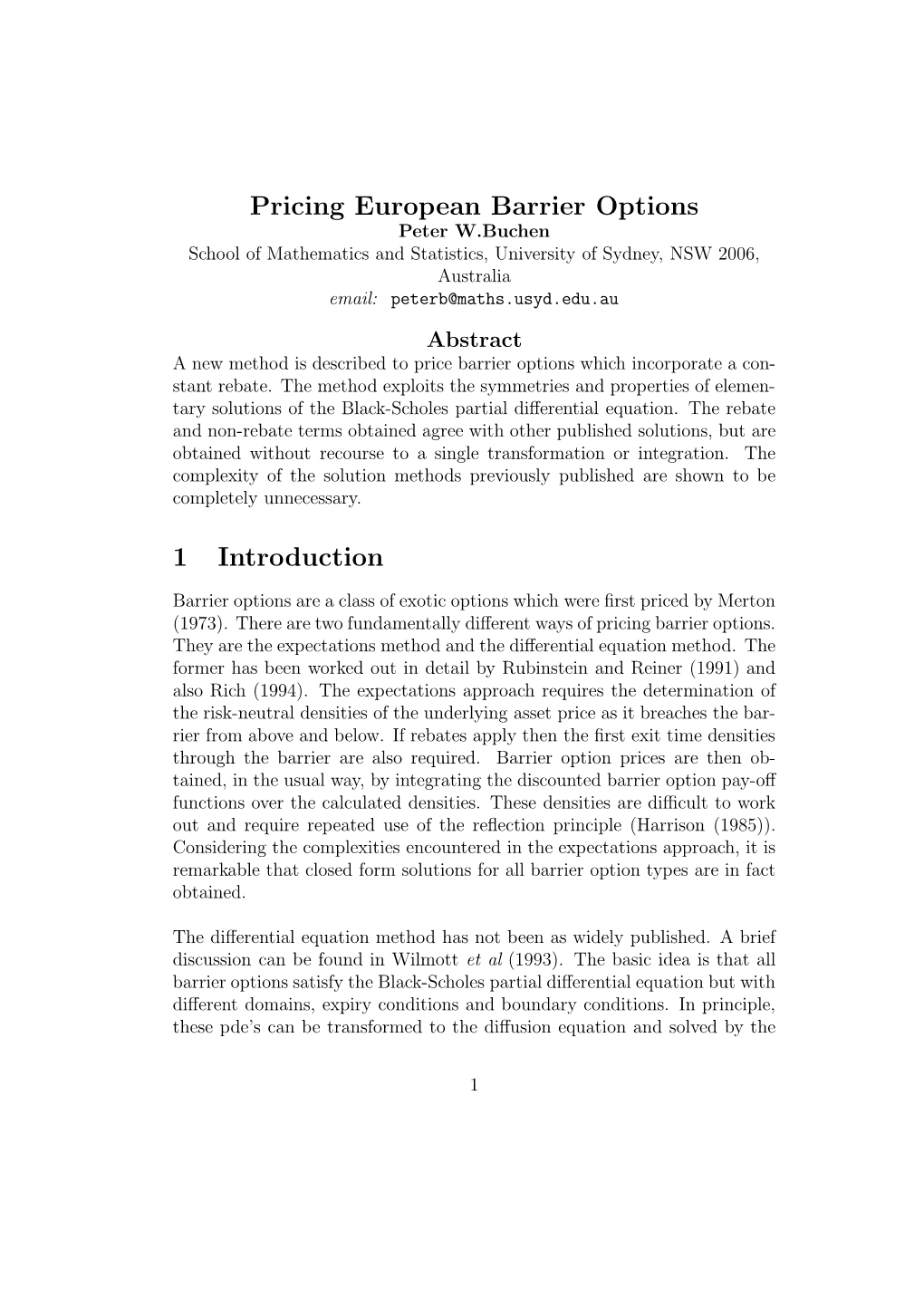 Pricing European Barrier Options 1 Introduction