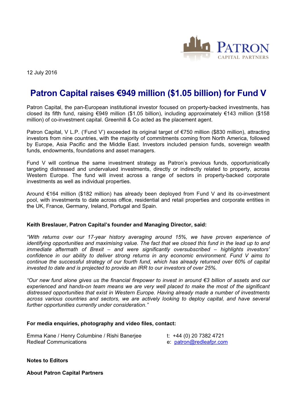 Patron Capital Raises €949 Million ($1.05 Billion) for Fund V