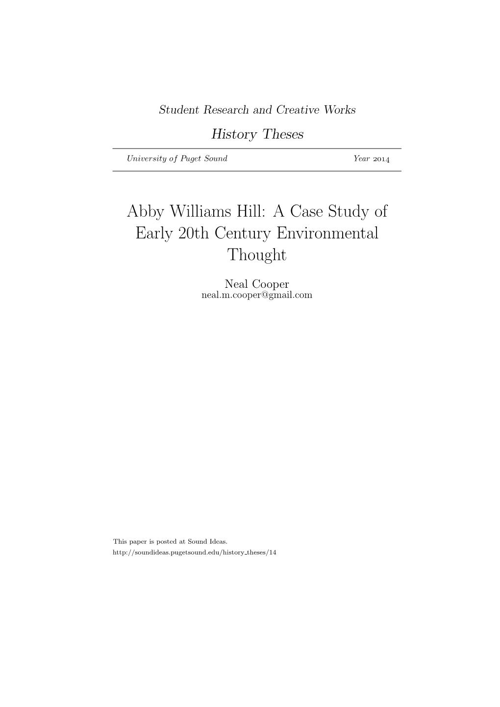 Abby Williams Hill: a Case Study of Early 20Th Century Environmental Thought