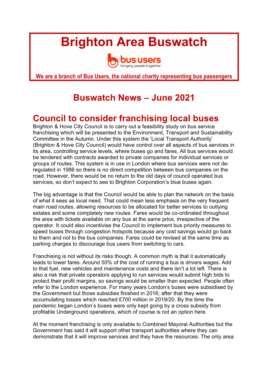 June 2021 Council to Consider Franchising Local Buses