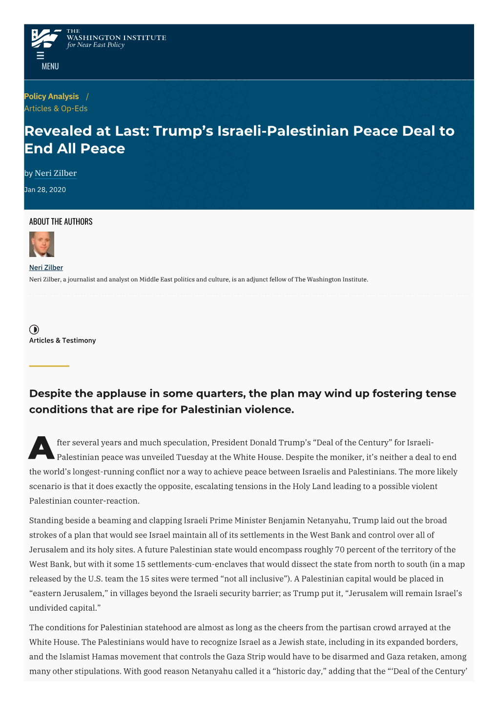 Trump's Israeli-Palestinian Peace Deal to End All Peace