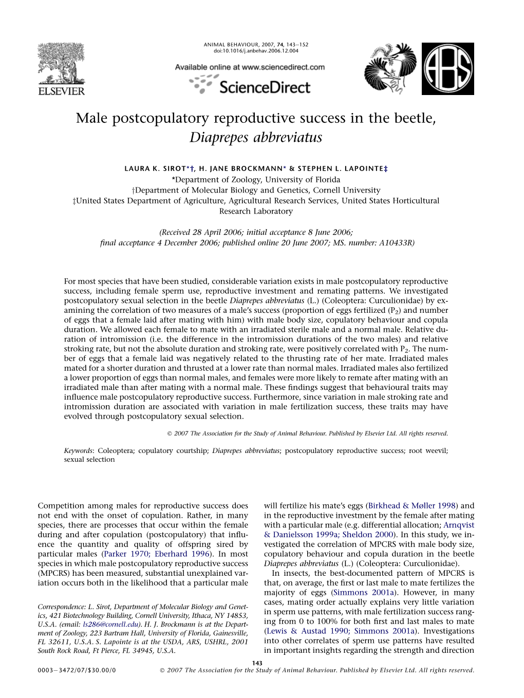Male Postcopulatory Reproductive Success in the Beetle, Diaprepes Abbreviatus