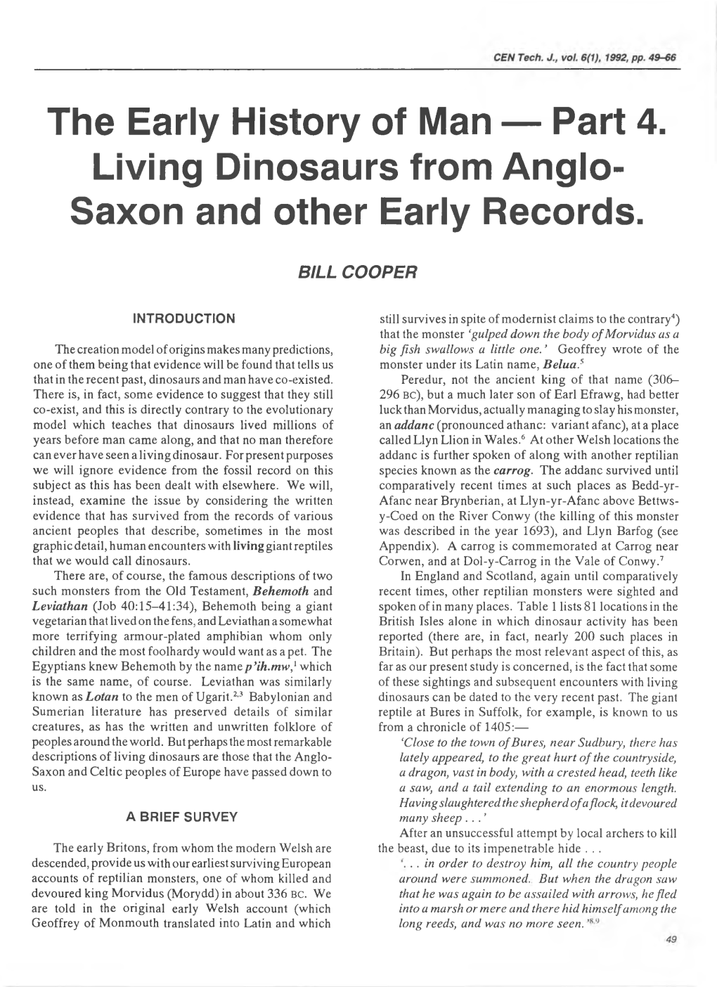 The Early History of Man — Part 4. Living Dinosaurs from Anglo- Saxon and Other Early Records