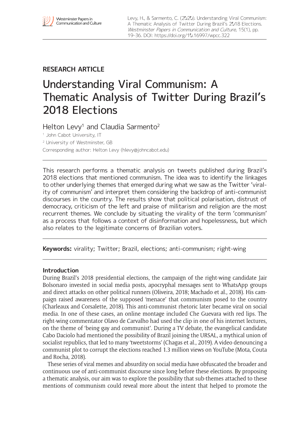 Understanding Viral Communism: a Thematic Analysis of Twitter During Brazil’S 2018 Elections