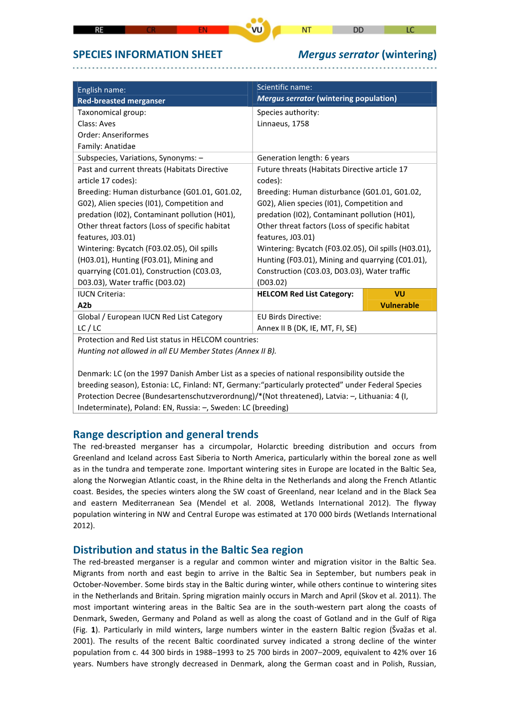 SPECIES INFORMATION SHEET Mergus Serrator (Wintering)