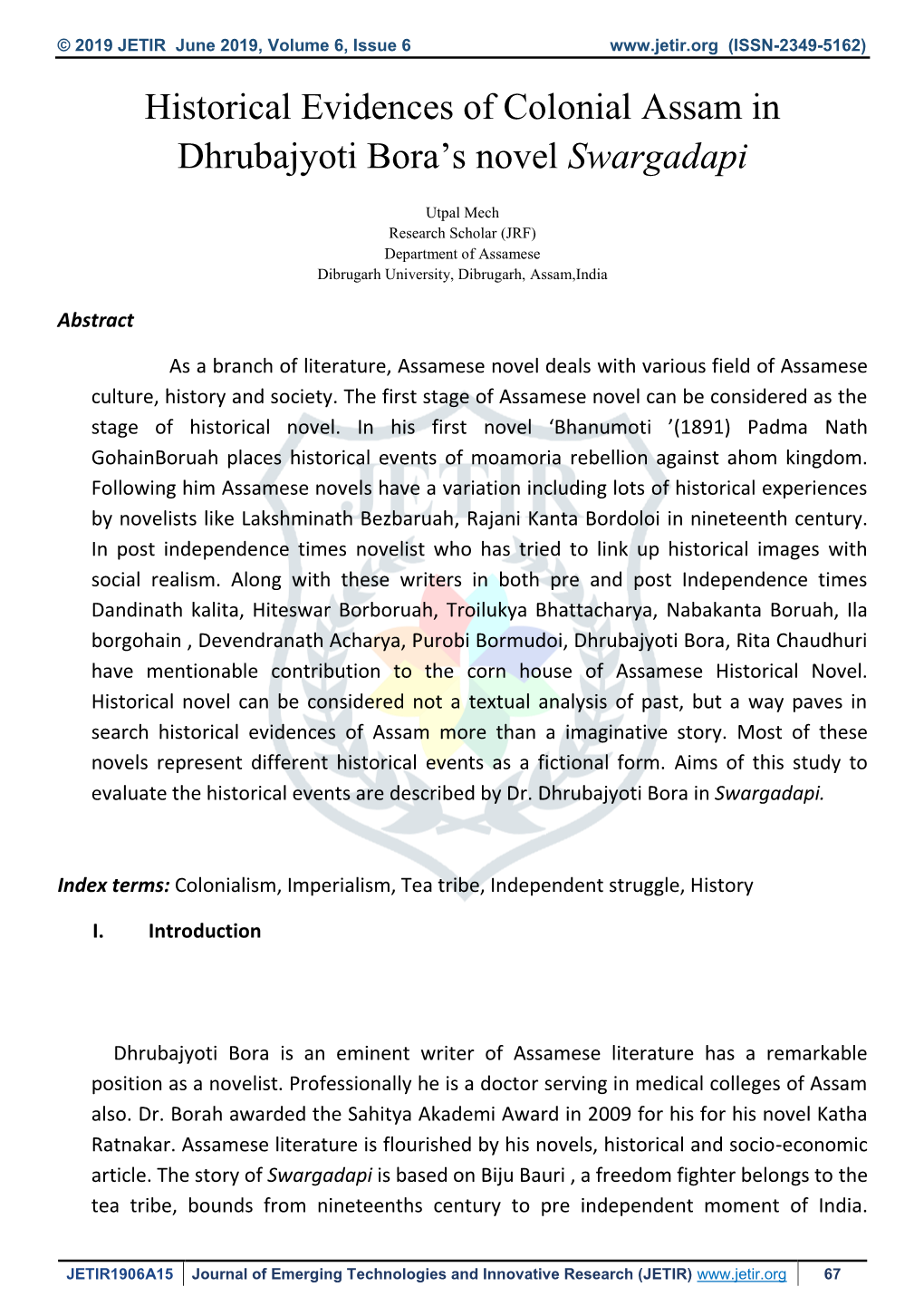 Historical Evidences of Colonial Assam in Dhrubajyoti Bora's Novel
