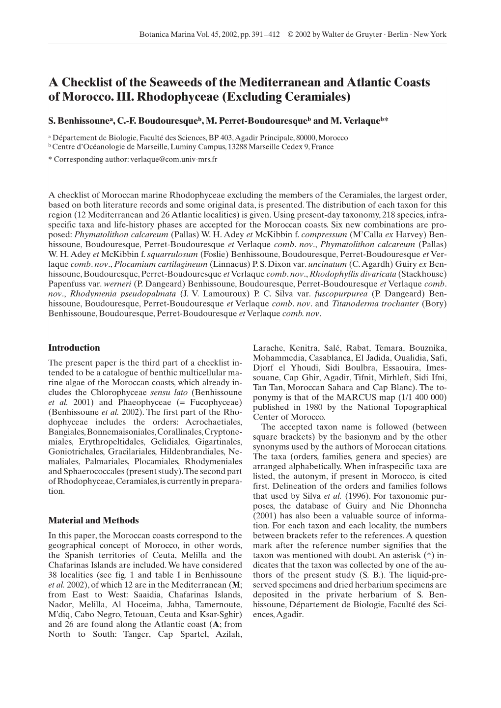 A Checklist of the Seaweeds of the Mediterranean and Atlantic Coasts of Morocco