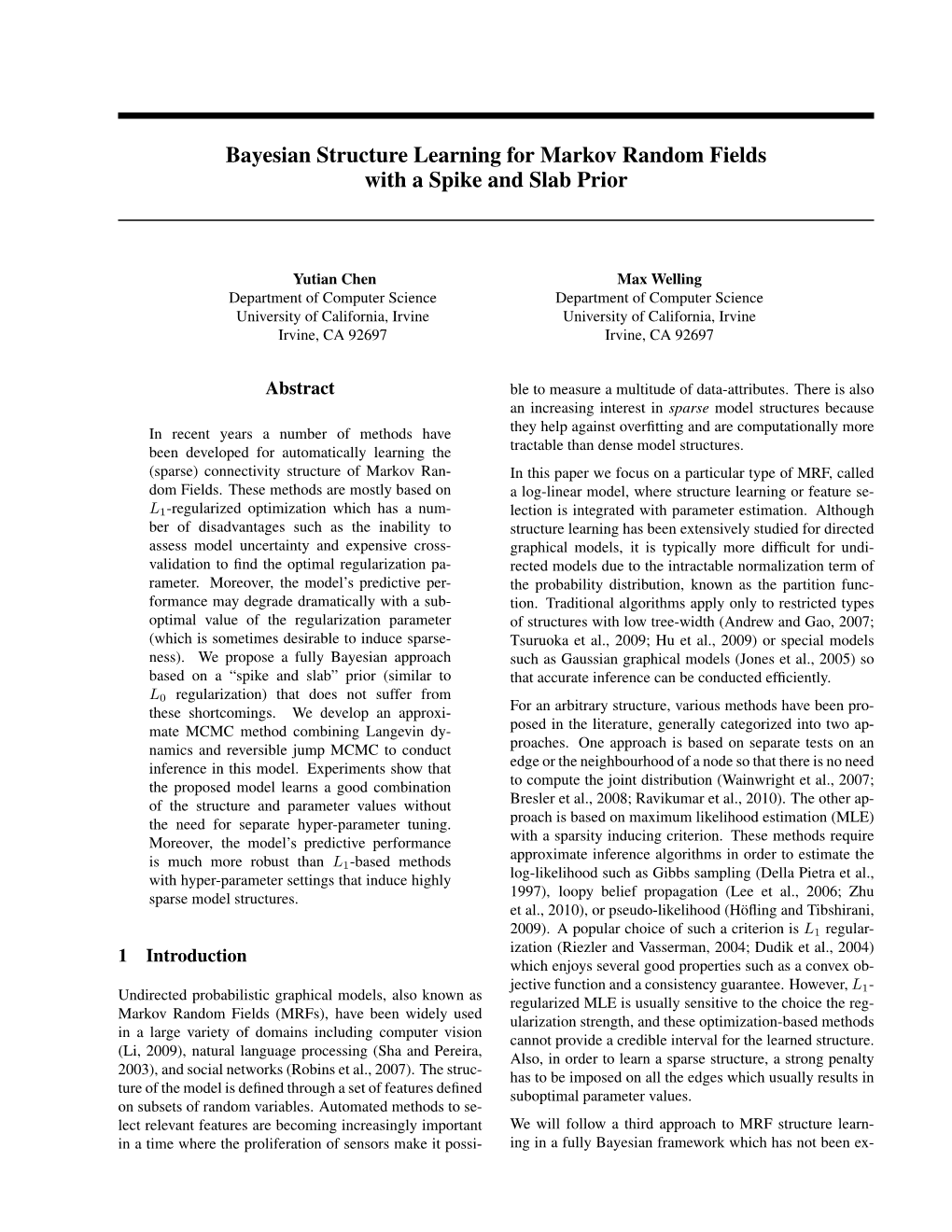 Bayesian Structure Learning for Markov Random Fields with a Spike and Slab Prior