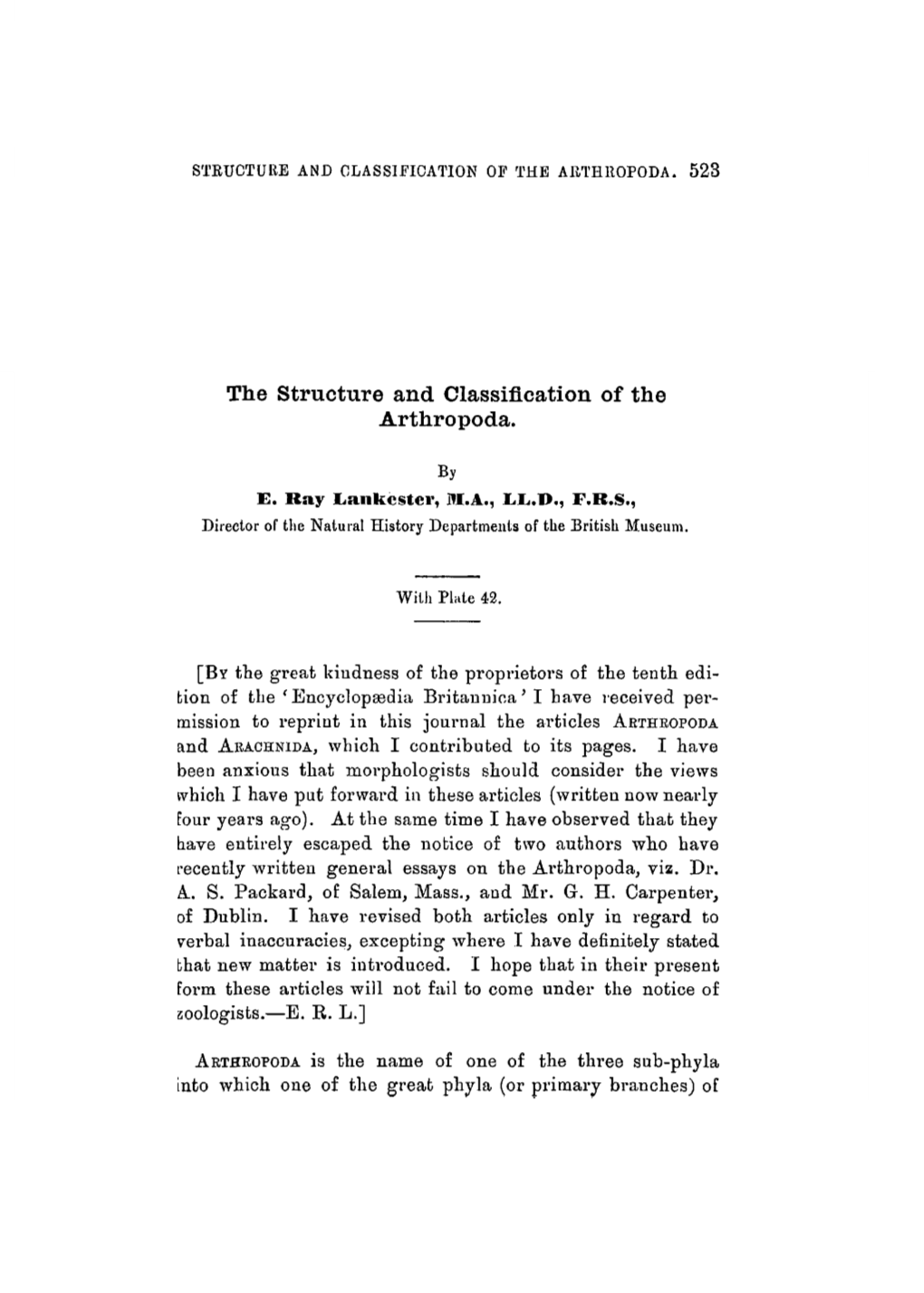 The Structure and Classification of the Arthropoda
