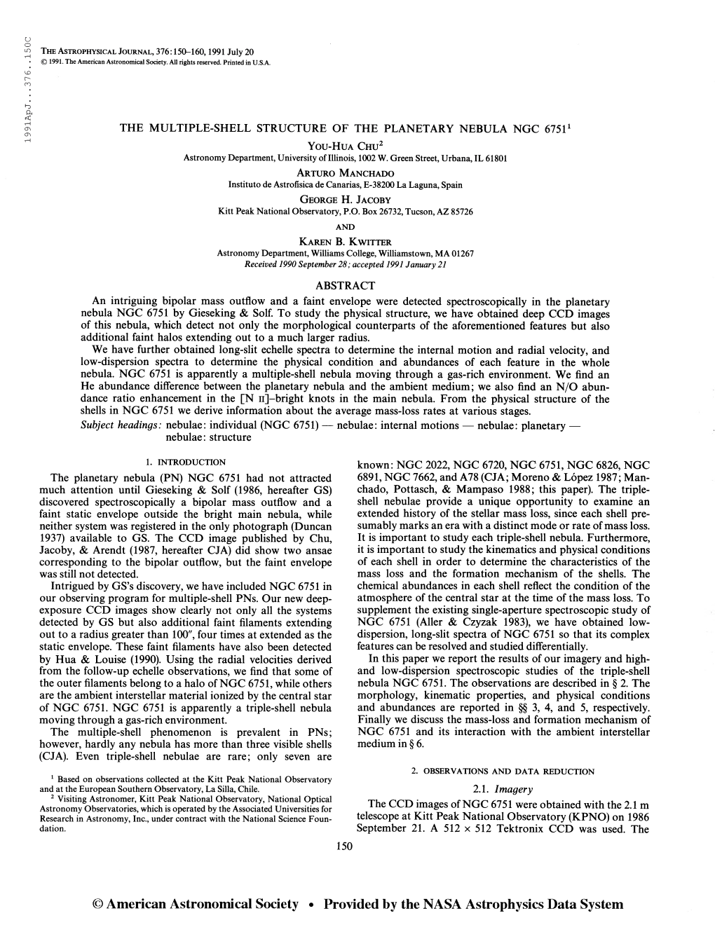1991Apj. . .376. .150C the Astrophysical Journal, 376:150-160,1991 July 20 © 1991. the American Astronomical Society. All Right