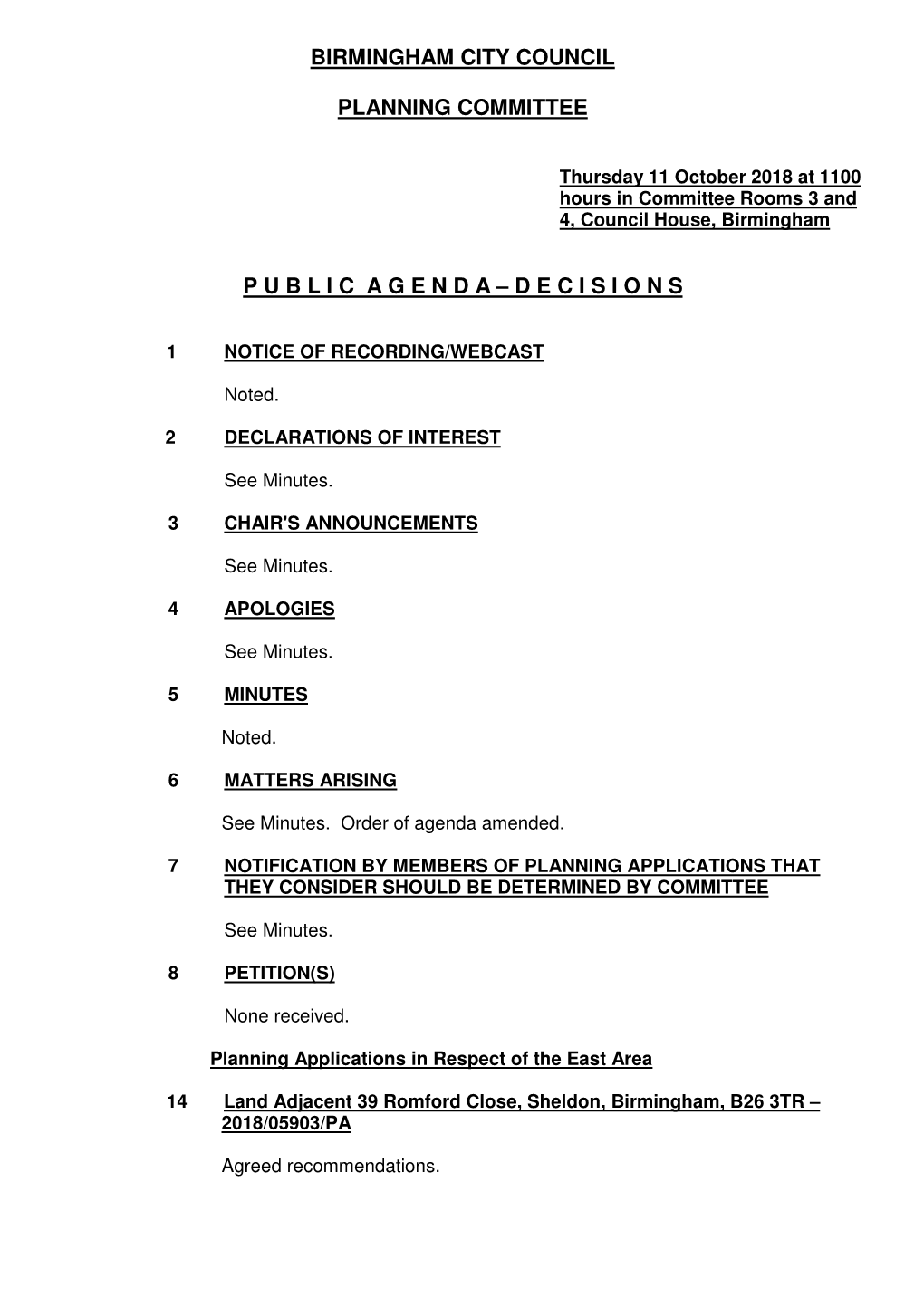 Birmingham City Council Planning Committee P U B L I C a G E N D a – D E C I S I O