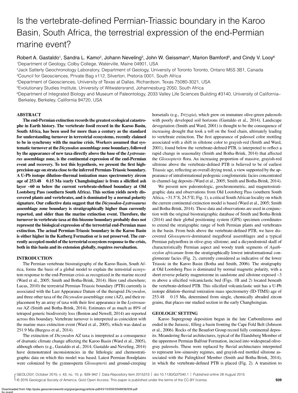 Is the Vertebrate-Defined Permian-Triassic Boundary in the Karoo Basin, South Africa, the Terrestrial Expression of the End-Permian Marine Event?