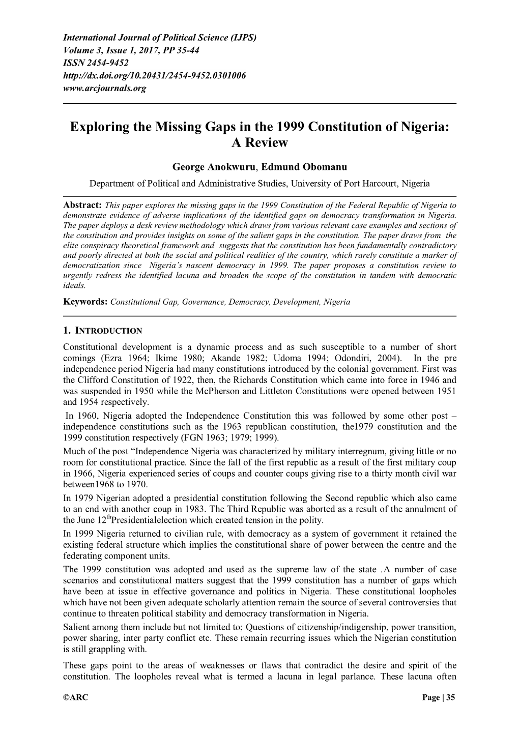 Exploring the Missing Gaps in the 1999 Constitution of Nigeria: a Review