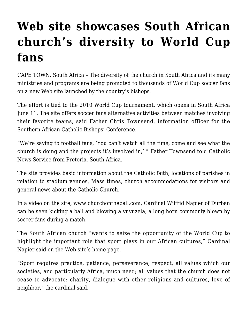 Web Site Showcases South African Church's Diversity to World Cup Fans