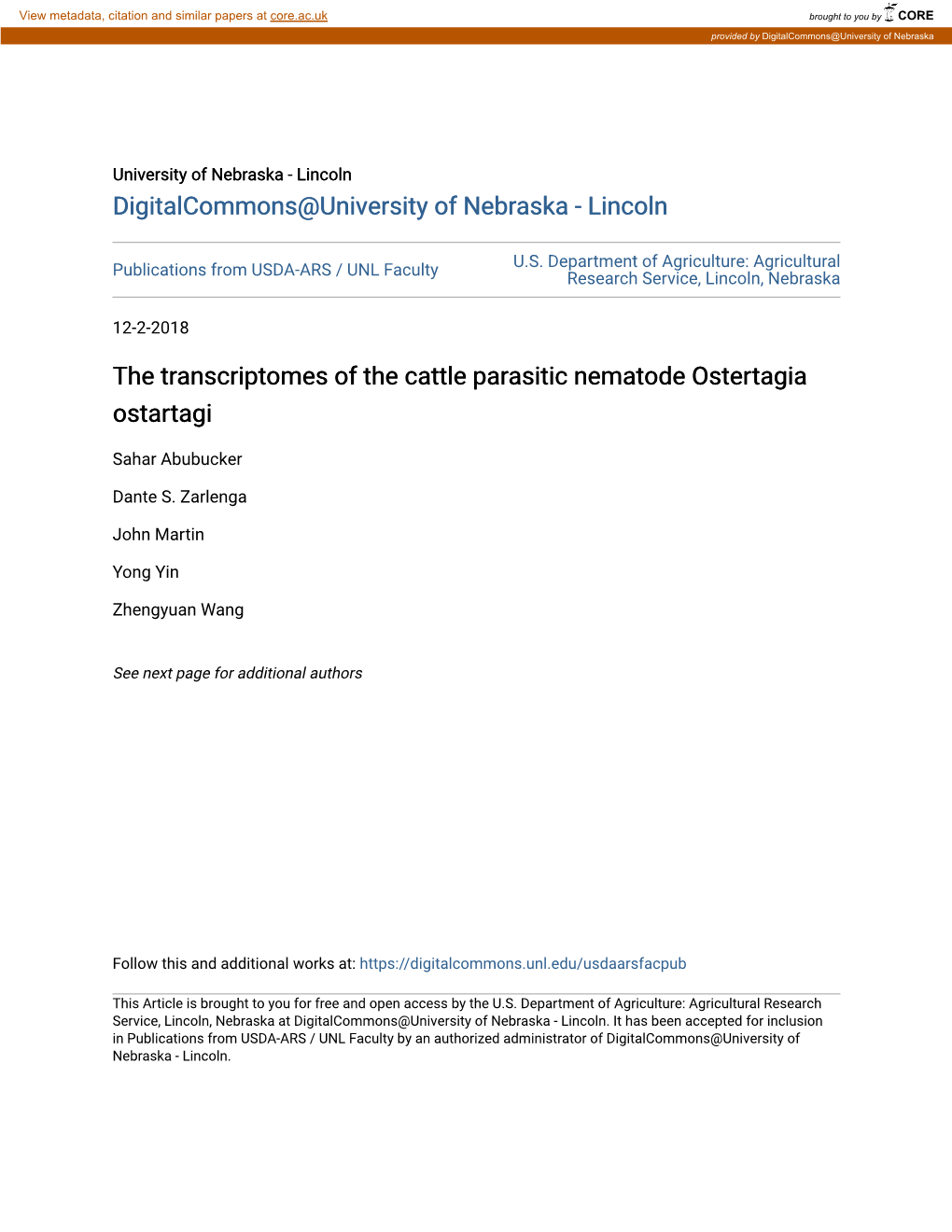 The Transcriptomes of the Cattle Parasitic Nematode Ostertagia Ostartagi