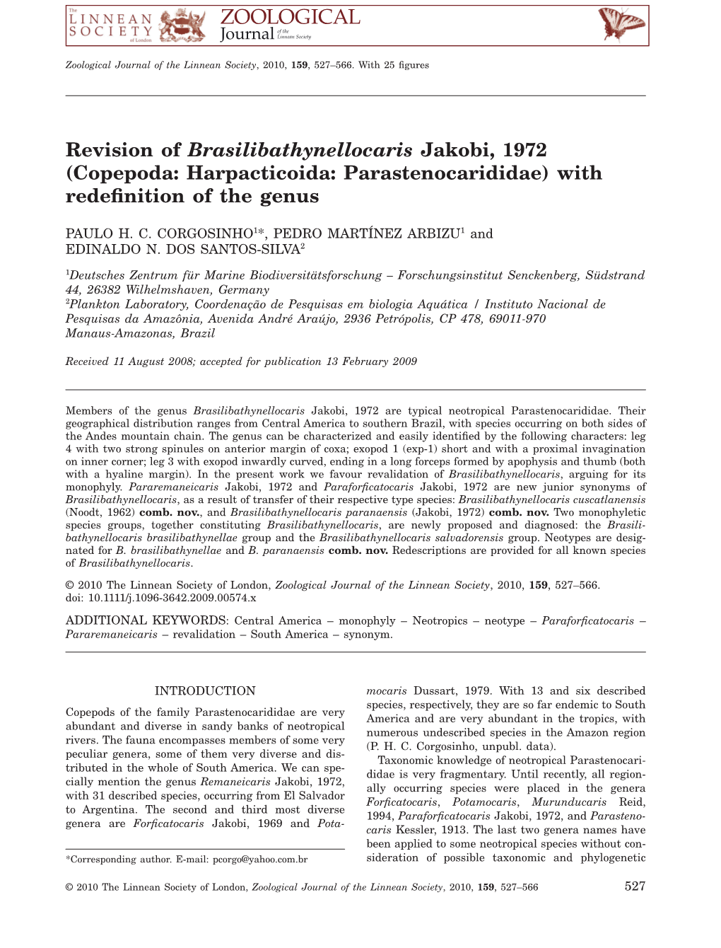 Revision of Brasilibathynellocaris Jakobi, 1972 (Copepoda: Harpacticoida: Parastenocarididae) with Redefinition of the Genus