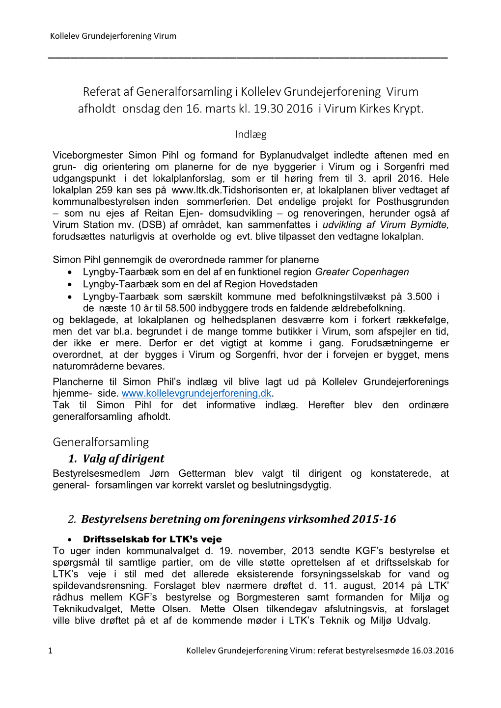 Referat Af Generalforsamling I Kollelev Grundejerforening Virum Afholdt Onsdag Den 16