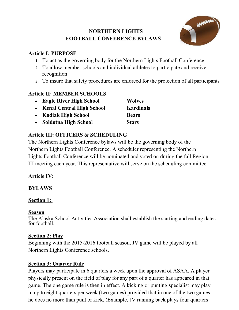 Northern Lights Football Conference Bylaws