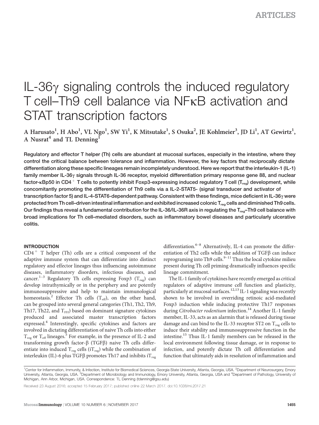 IL-36&Gamma; Signaling Controls the Induced Regulatory T Cell&Ndash