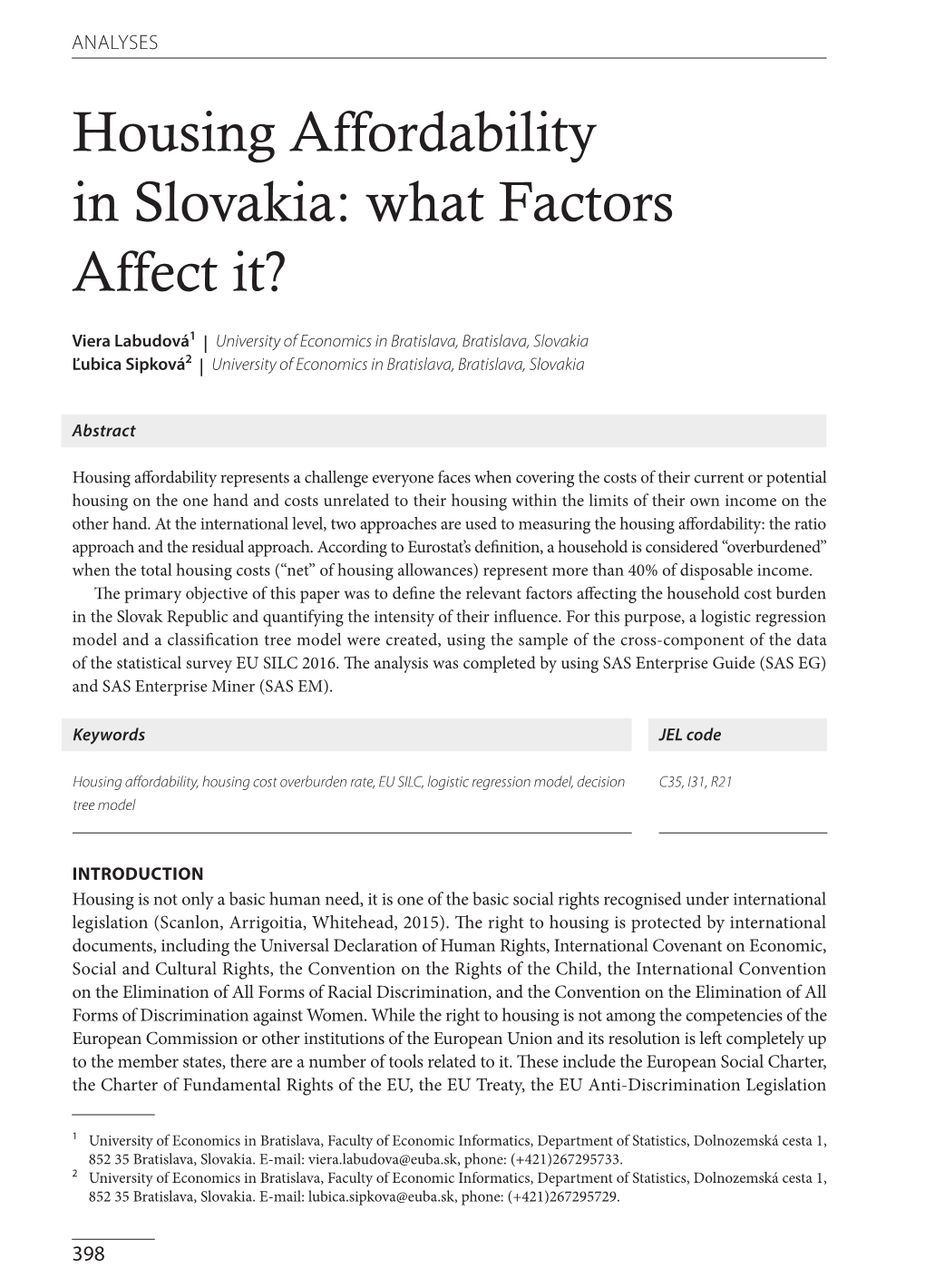 Housing Affordability in Slovakia: What Factors Affect It?
