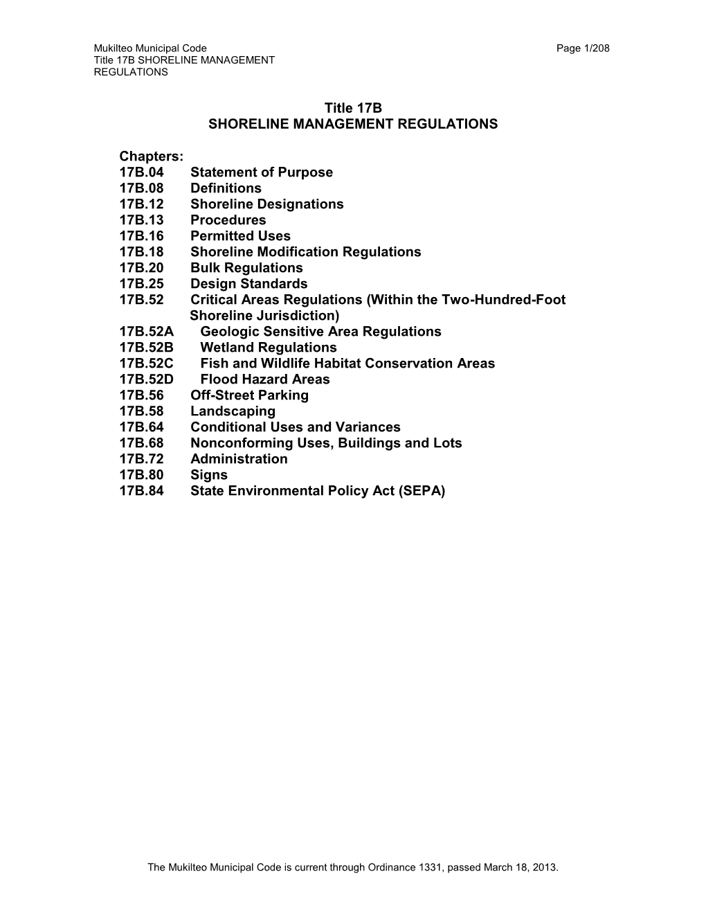 Mukilteo Municipal Code Page 1/208 Title 17B SHORELINE MANAGEMENT REGULATIONS