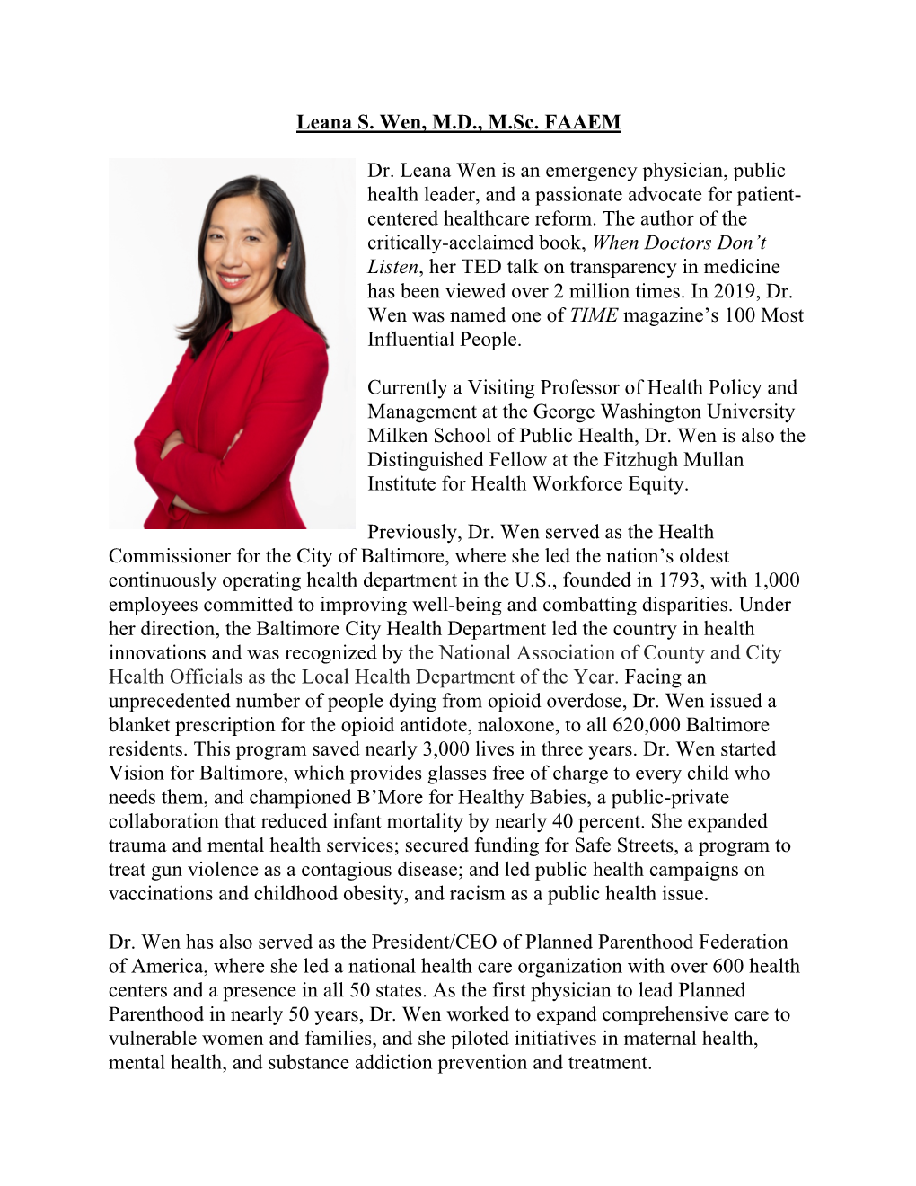 Leana S. Wen, MD, M.Sc. FAAEM