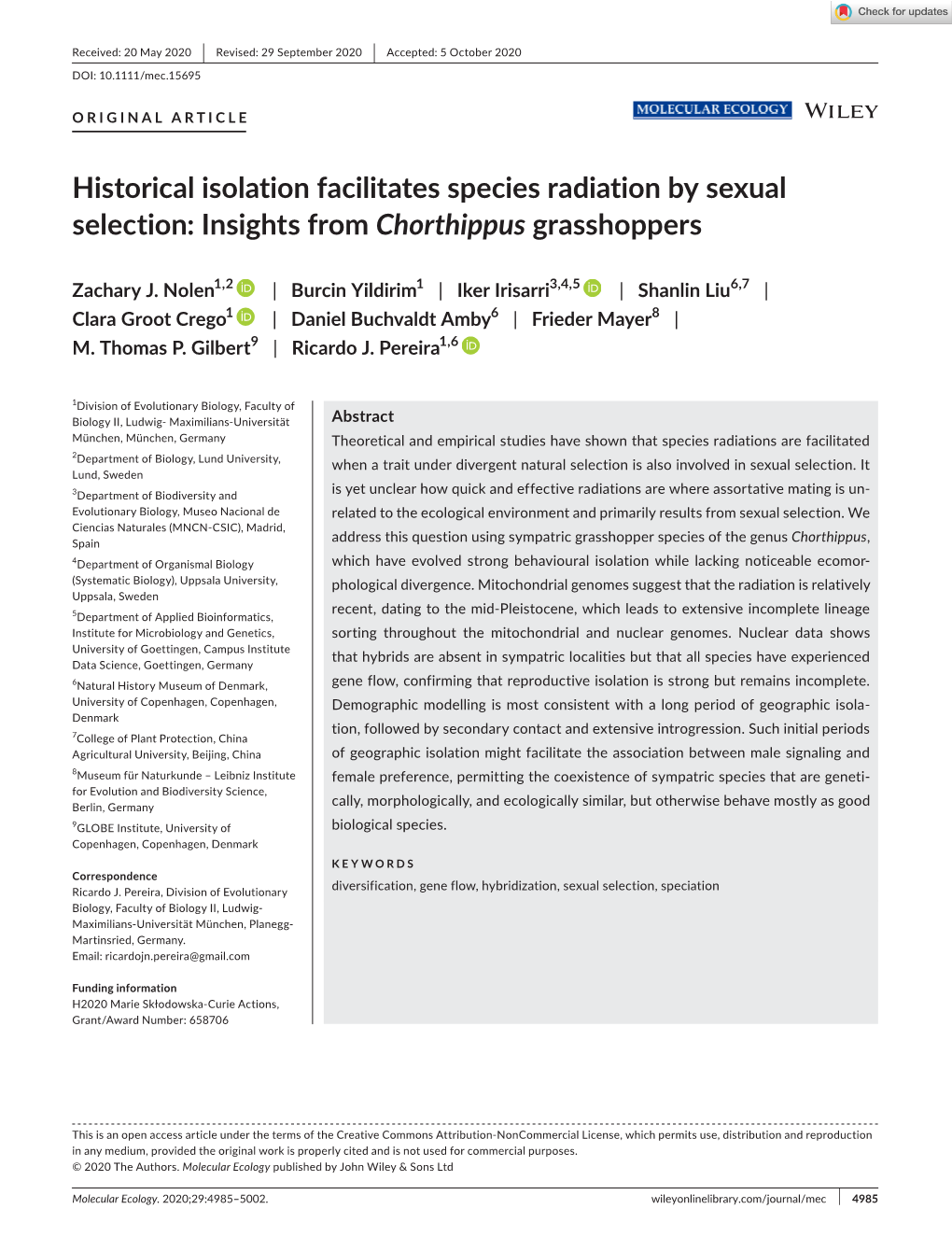 Historical Isolation Facilitates Species Radiation by Sexual Selection: Insights from Chorthippus Grasshoppers