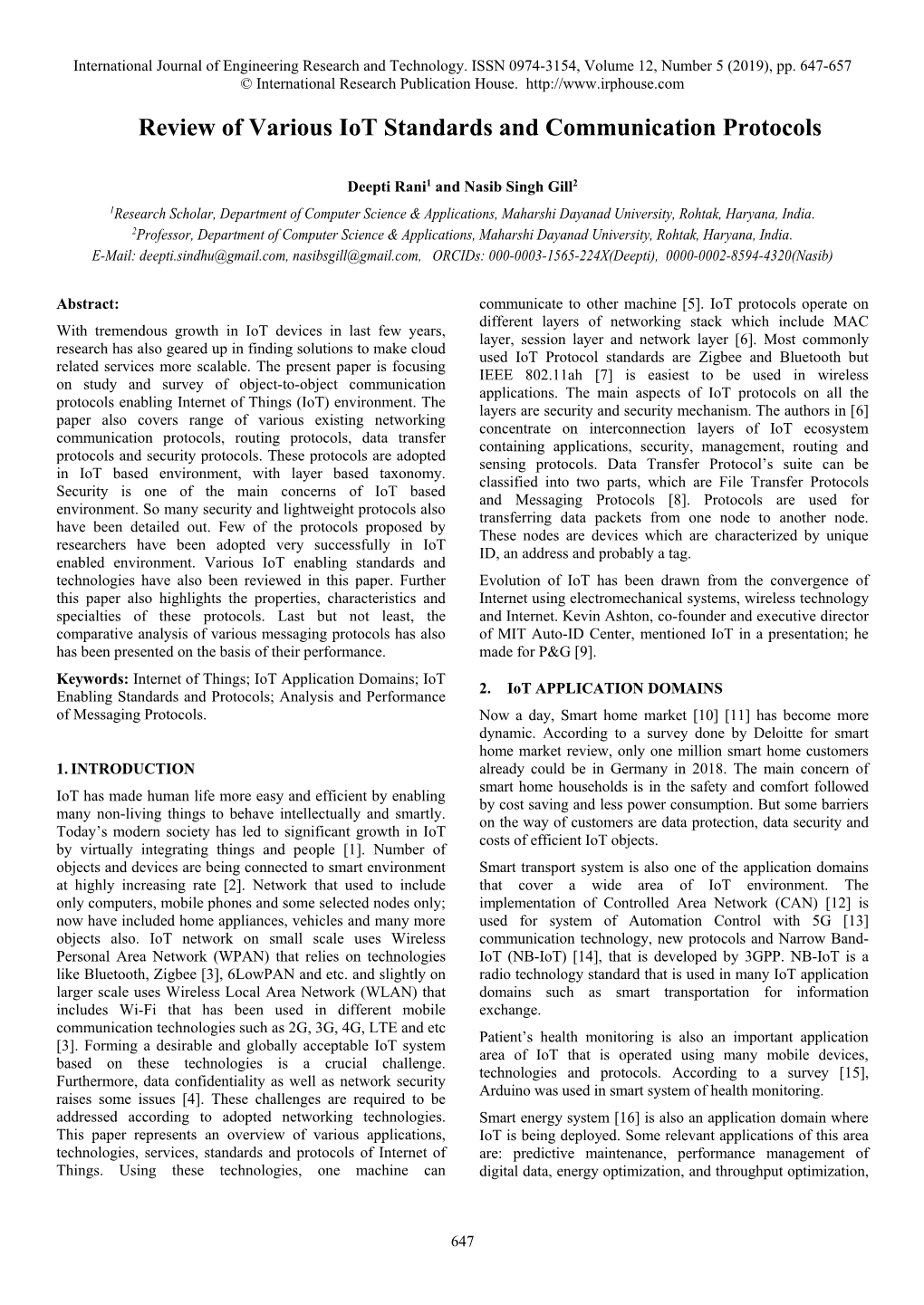 Review of Various Iot Standards and Communication Protocols