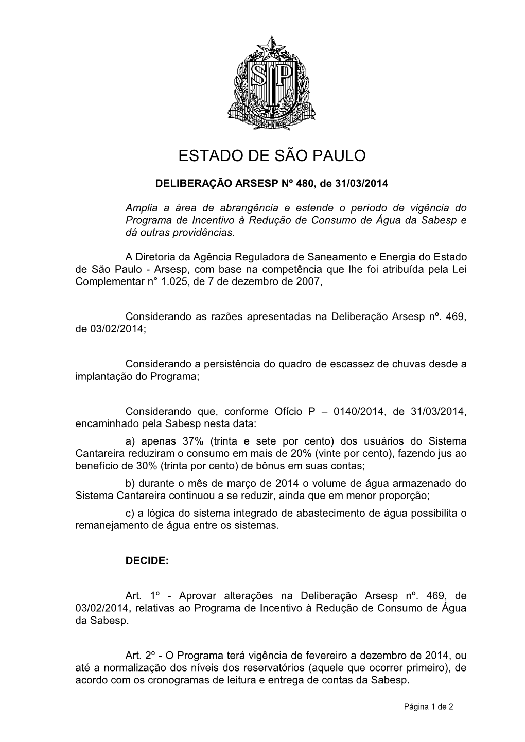 DELIBERAÇÃO ARSESP Nº 480, De 31/03/2014