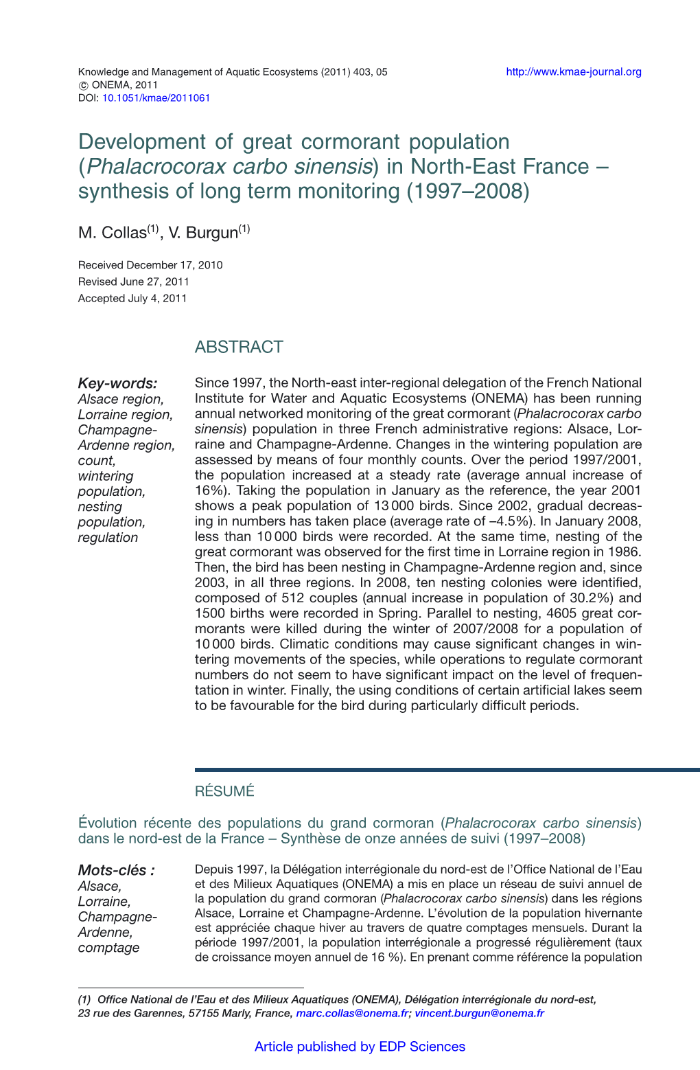 Development of Great Cormorant Population (Phalacrocorax Carbo Sinensis) in North-East France – Synthesis of Long Term Monitoring (1997–2008)