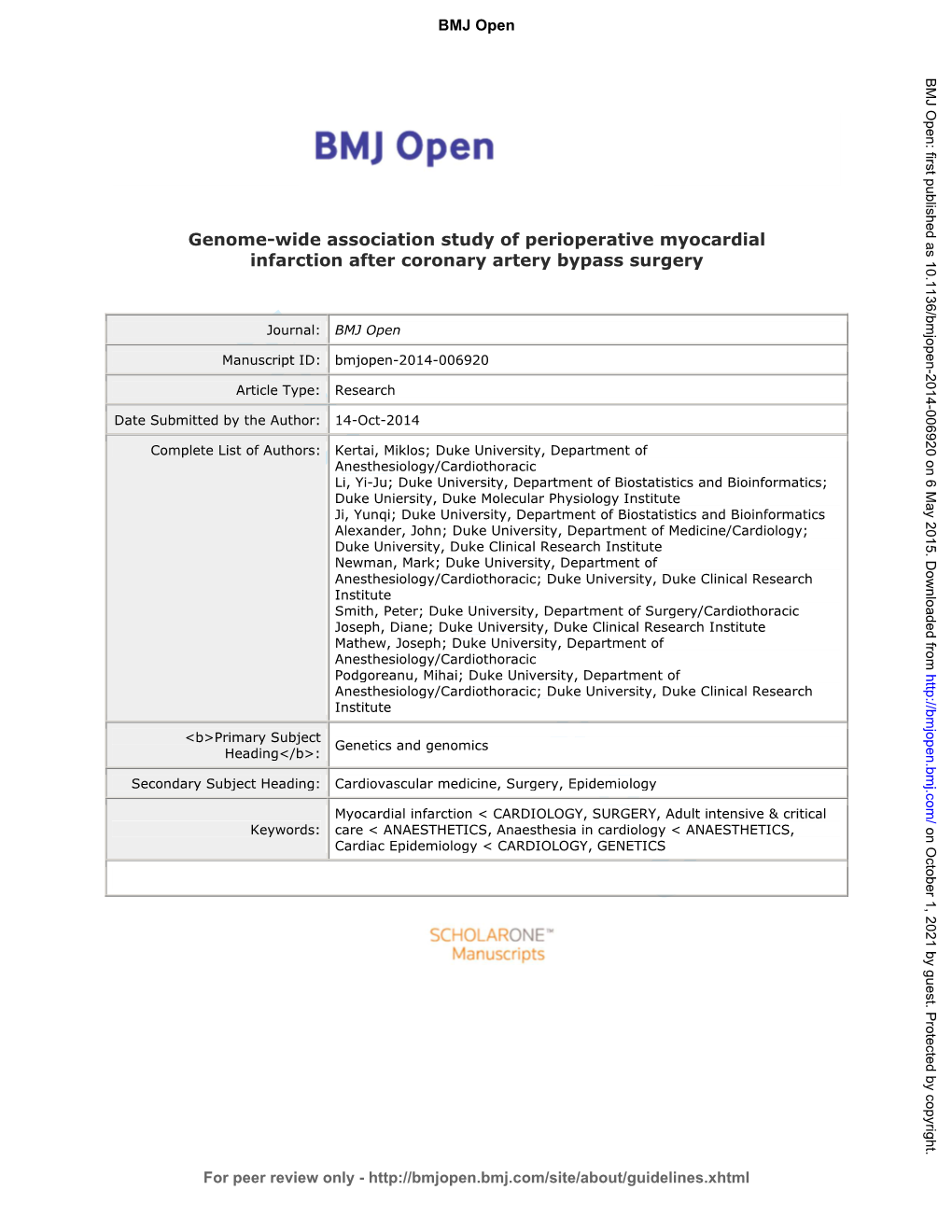 For Peer Review Only - BMJ Open: First Published As 10.1136/Bmjopen-2014-006920 on 6 May 2015