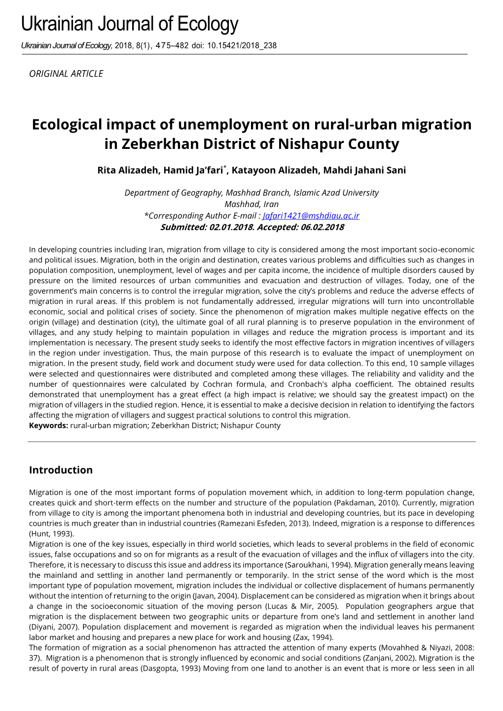 Ecological Impact of Unemployment on Rural-Urban Migration in Zeberkhan District of Nishapur County