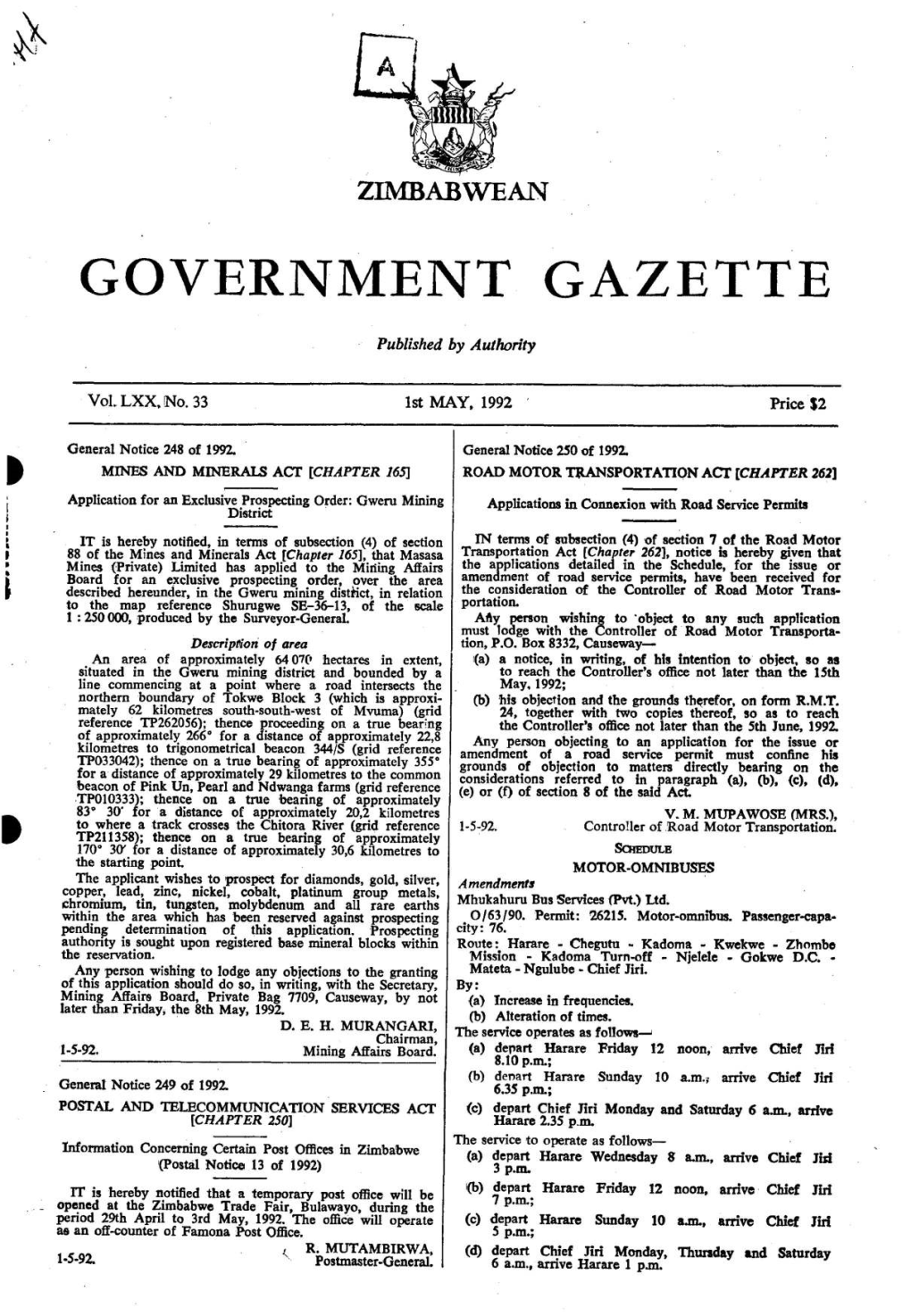 GOVERNMENT GAZETTE, 1St May, 1992