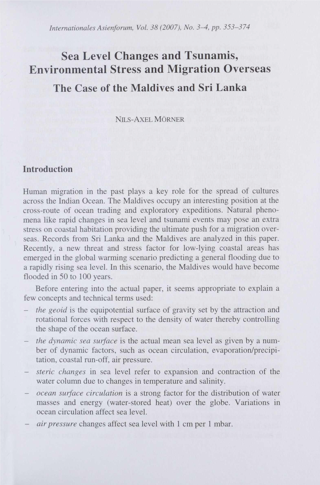 Sea Level Changes and Tsunamis, Environmental Stress and Migration Overseas the Case of the Maldives and Sri Lanka