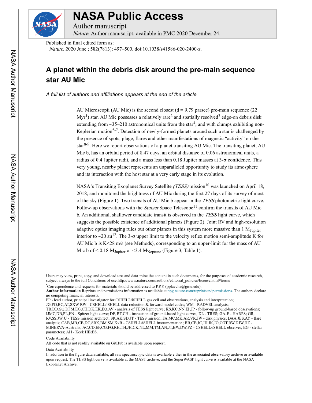 A Planet Within the Debris Disk Around the Pre-Main Sequence Star AU Mic