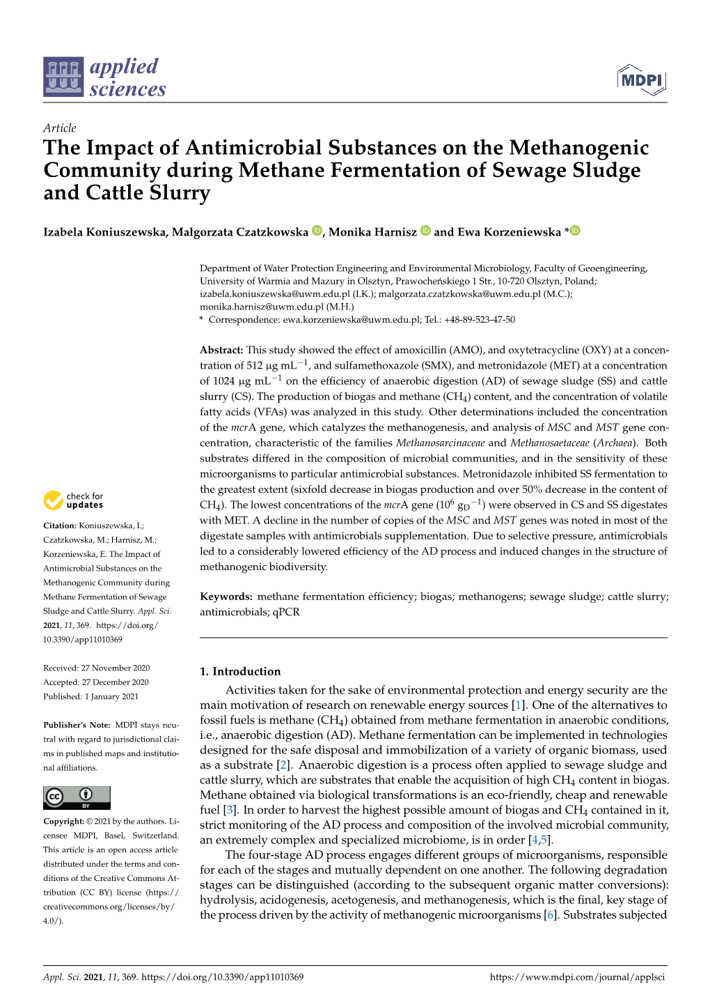 The Impact of Antimicrobial Substances on the Methanogenic Community During Methane Fermentation of Sewage Sludge and Cattle Slurry