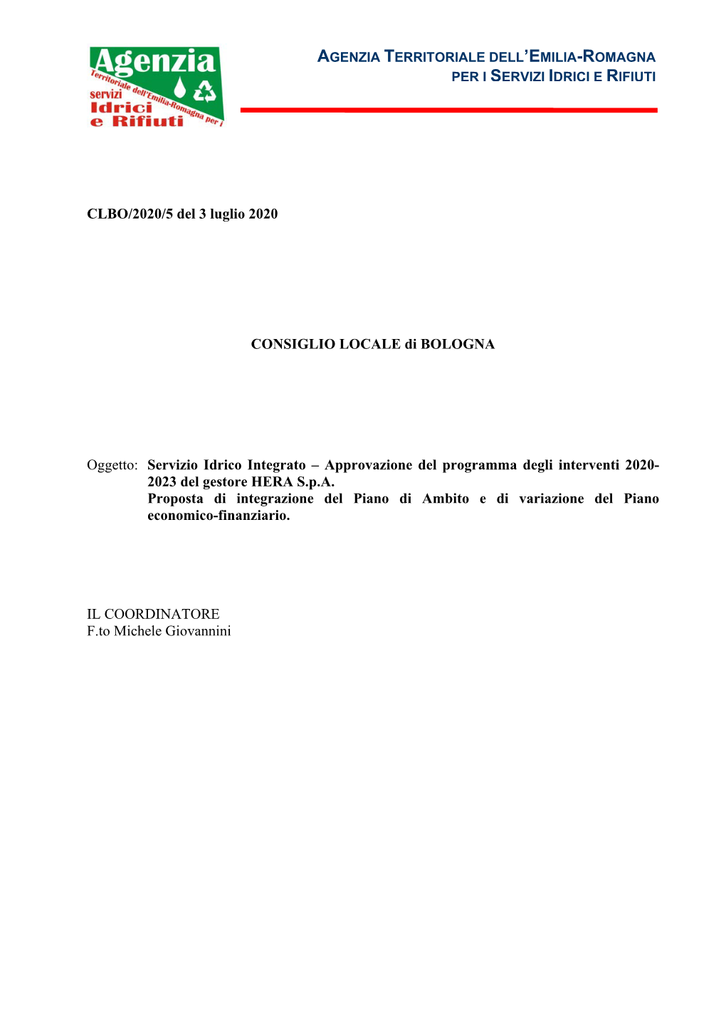 Deliberazione Del Consiglio Locale Di Bologna N. 5 Del 3 Luglio 2020