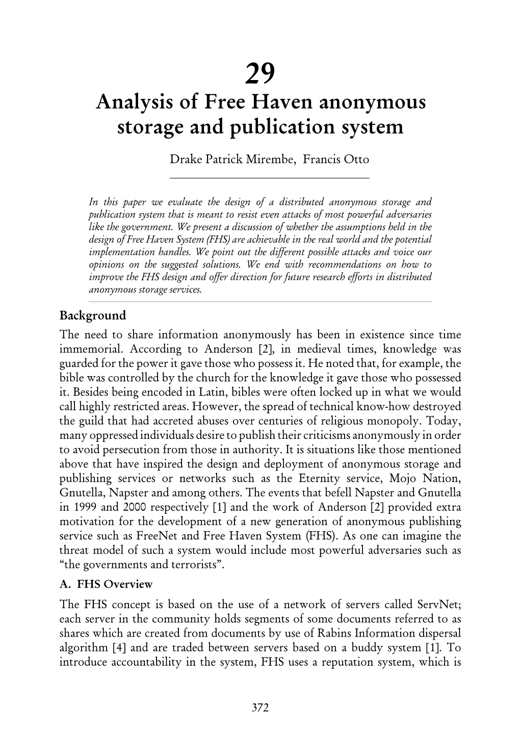 Analysis of Free Haven Anonymous Storage and Publication System