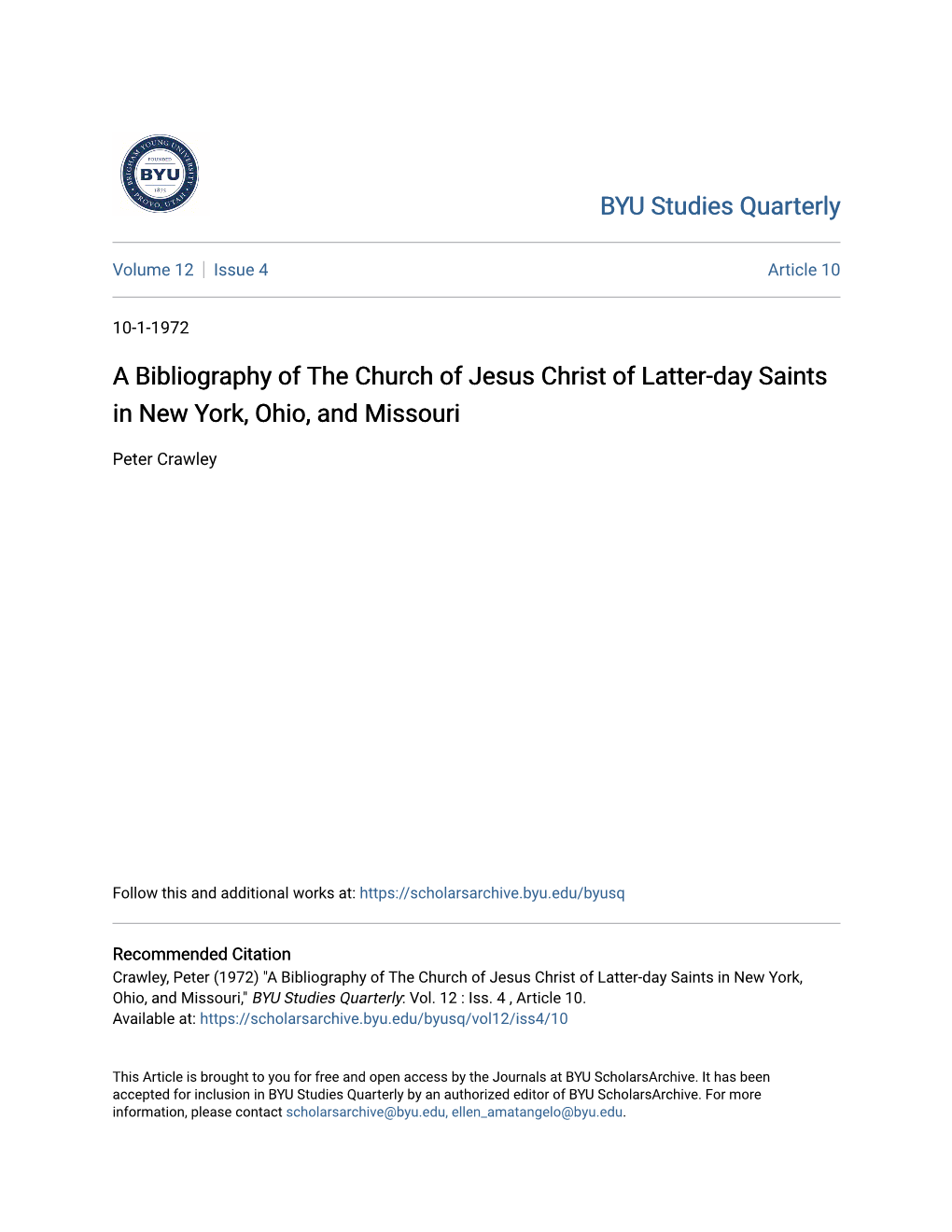 A Bibliography of the Church of Jesus Christ of Latter-Day Saints in New York, Ohio, and Missouri