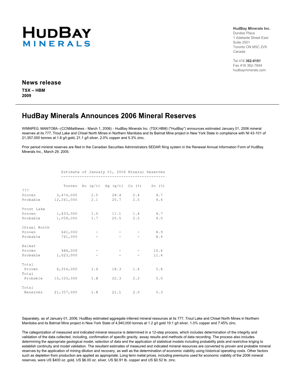 Hudbay Minerals Announces 2006 Mineral Reserves