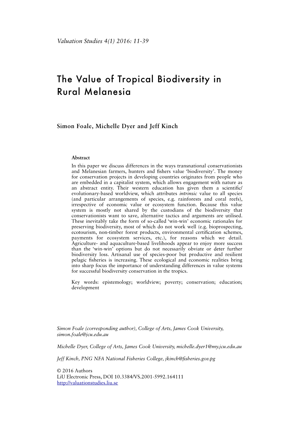 The Value of Tropical Biodiversity in Rural Melanesia