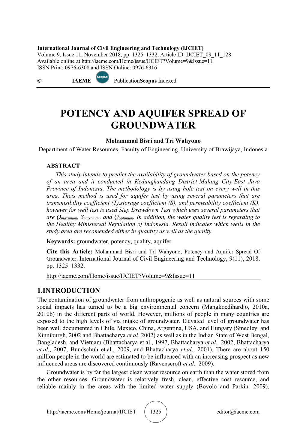 Potency and Aquifer Spread of Groundwater